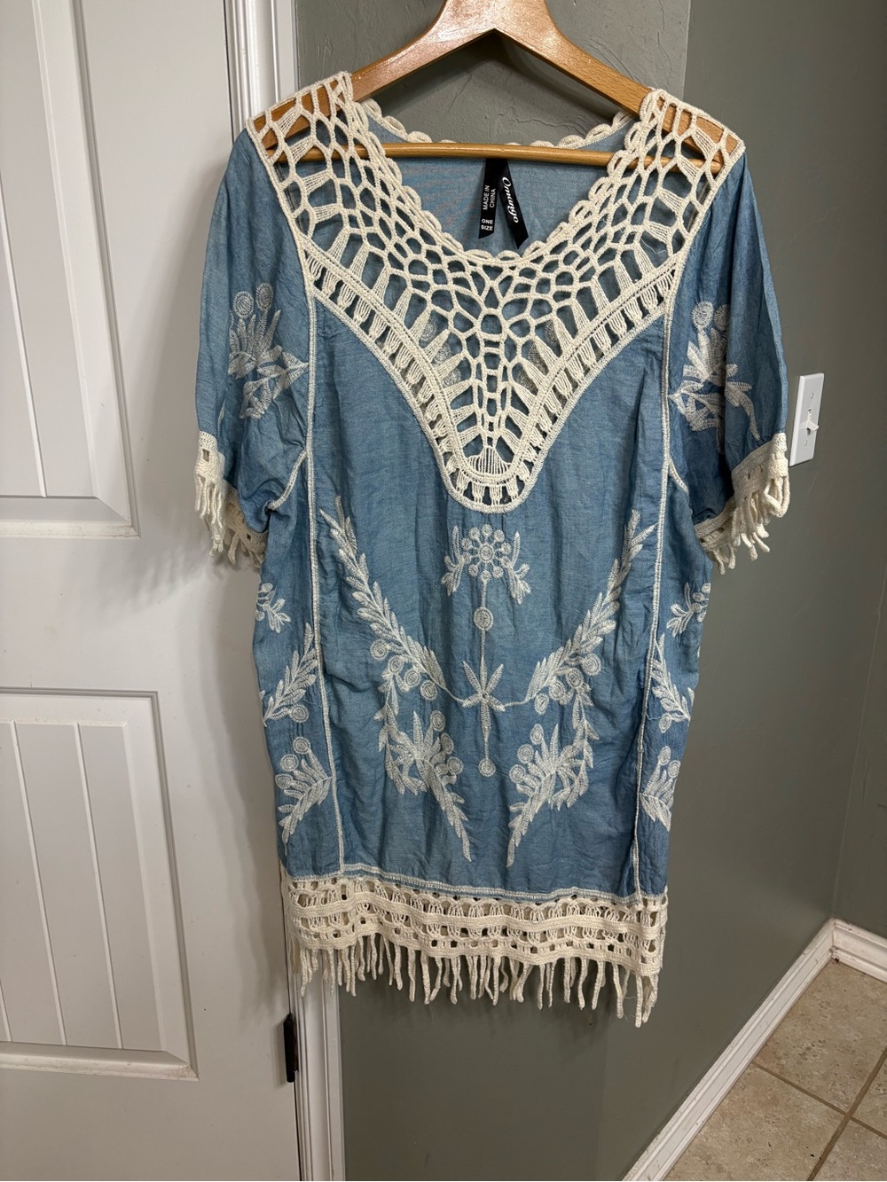 Mango Blue Embroidered Boho Tunic with Cream Crochet